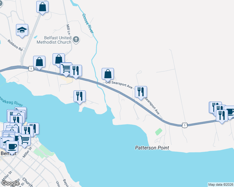 map of restaurants, bars, coffee shops, grocery stores, and more near 90 Searsport Avenue in Belfast
