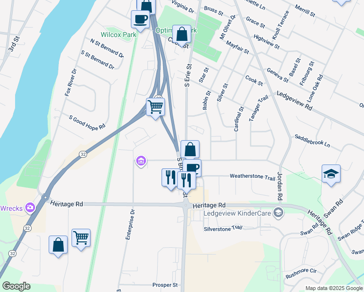 map of restaurants, bars, coffee shops, grocery stores, and more near 1244 South Erie Street in De Pere