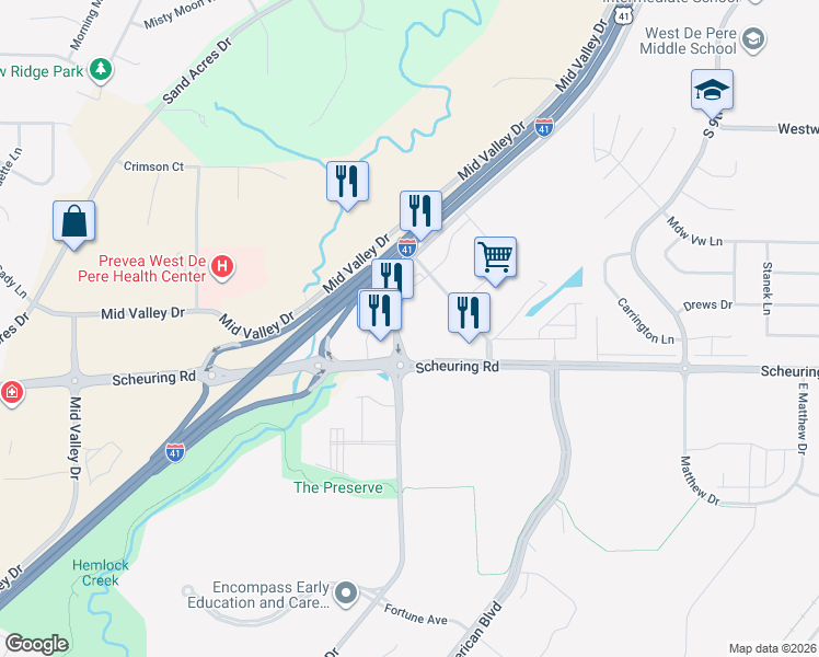 map of restaurants, bars, coffee shops, grocery stores, and more near 1601 Lawrence Drive in De Pere