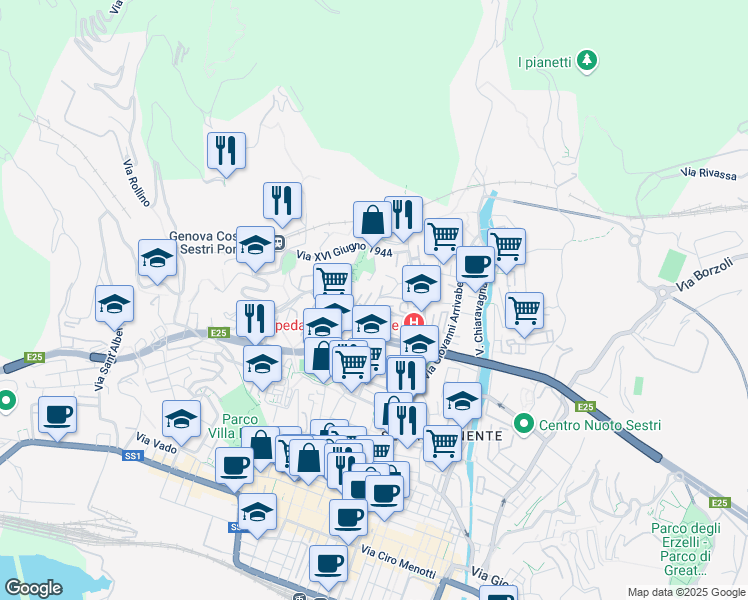 map of restaurants, bars, coffee shops, grocery stores, and more near Via Pian di Forno in Genoa