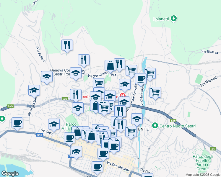 map of restaurants, bars, coffee shops, grocery stores, and more near Via Pian di Forno in Genoa