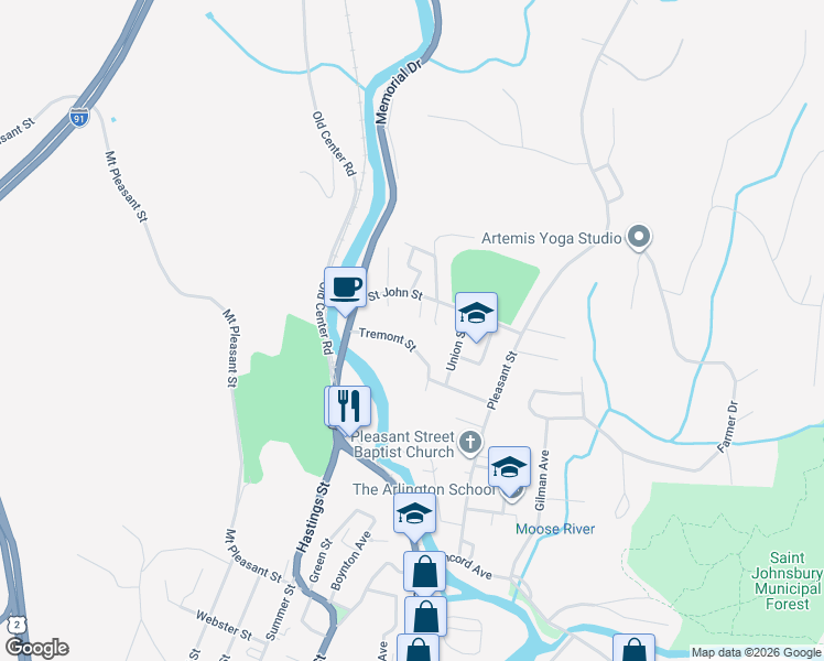 map of restaurants, bars, coffee shops, grocery stores, and more near 127 Tremont Street in Saint Johnsbury