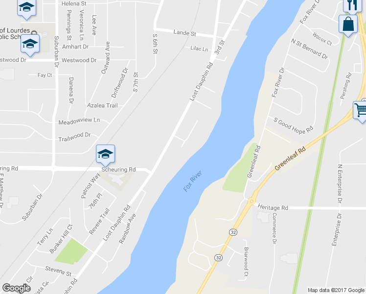 map of restaurants, bars, coffee shops, grocery stores, and more near 1551 Fox Ridge Court in De Pere