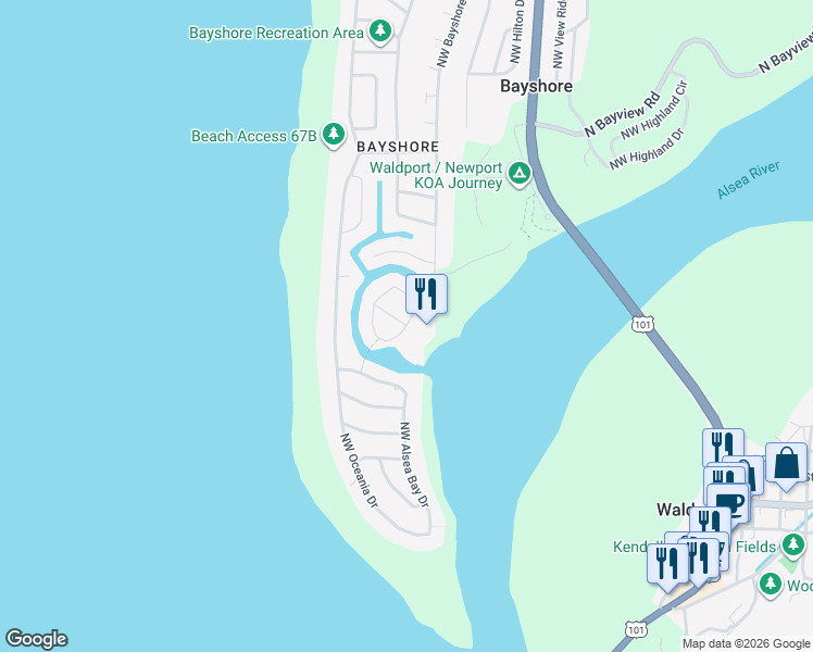 map of restaurants, bars, coffee shops, grocery stores, and more near 1779 Northwest Admiralty Circle in Waldport