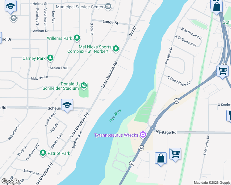 map of restaurants, bars, coffee shops, grocery stores, and more near 1551 Fox Ridge Court in De Pere
