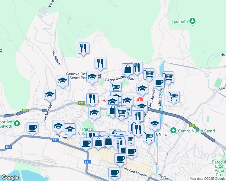 map of restaurants, bars, coffee shops, grocery stores, and more near 49 Via Paolo Toscanelli in Genova