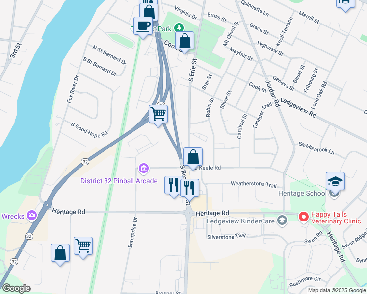 map of restaurants, bars, coffee shops, grocery stores, and more near 1244 South Erie Street in De Pere