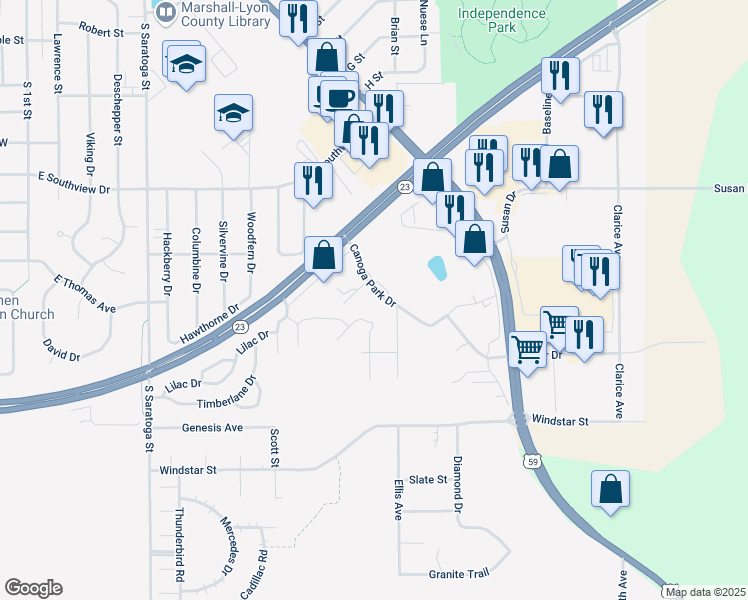 map of restaurants, bars, coffee shops, grocery stores, and more near 1107 Canoga Park Drive in Marshall