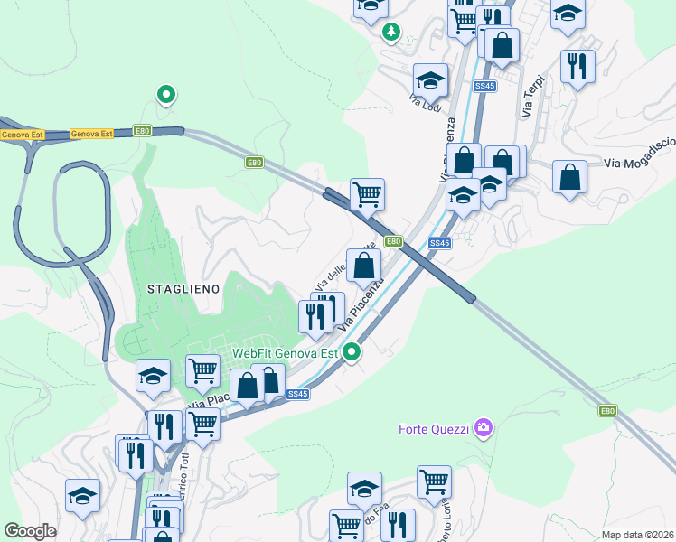 map of restaurants, bars, coffee shops, grocery stores, and more near Salita Chiappa di Struppa in Genoa