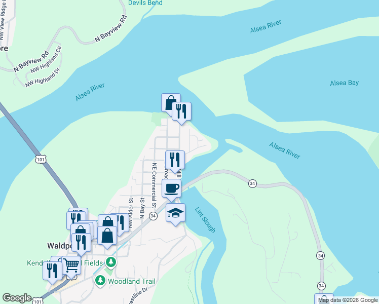 map of restaurants, bars, coffee shops, grocery stores, and more near Northeast Mill Street in Waldport