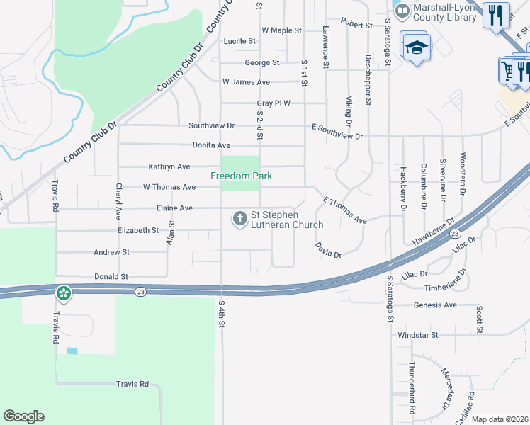 map of restaurants, bars, coffee shops, grocery stores, and more near 108 Elaine Avenue in Marshall