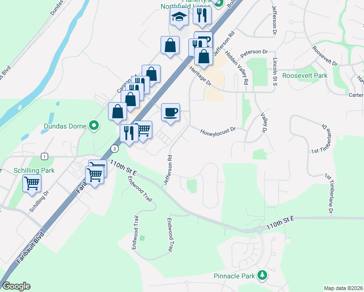 map of restaurants, bars, coffee shops, grocery stores, and more near 2431 Jefferson Road in Northfield