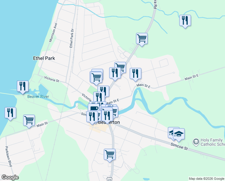 map of restaurants, bars, coffee shops, grocery stores, and more near 362 Durham Regional Road 23 in Beaverton