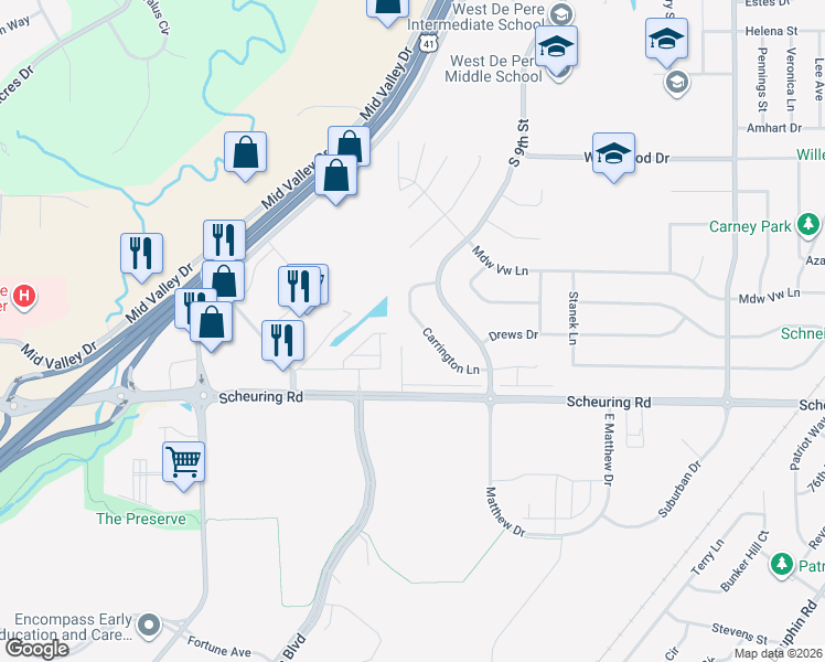 map of restaurants, bars, coffee shops, grocery stores, and more near 1351 Carrington Lane in De Pere