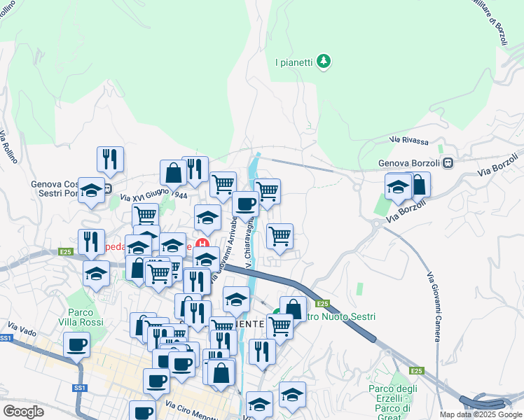 map of restaurants, bars, coffee shops, grocery stores, and more near 152 Via dell'Alloro in Genova