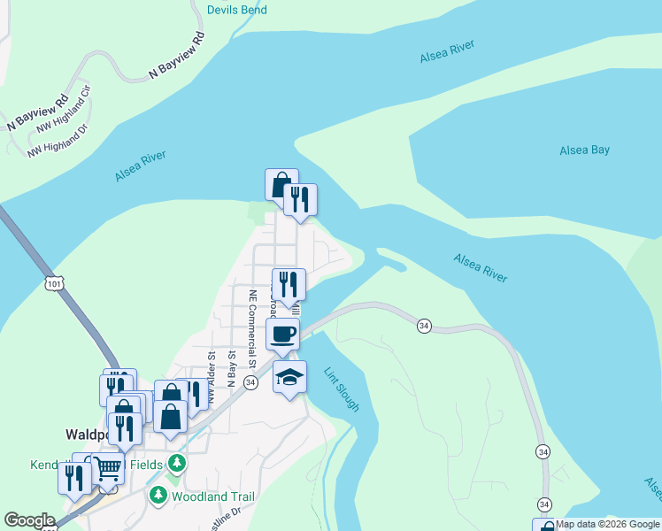 map of restaurants, bars, coffee shops, grocery stores, and more near NE Mill St in Waldport