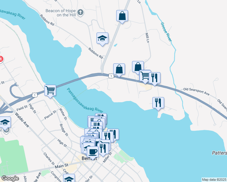map of restaurants, bars, coffee shops, grocery stores, and more near Harbor Hill in Belfast