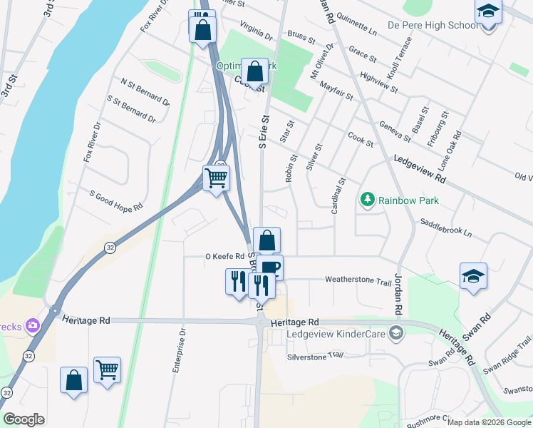 map of restaurants, bars, coffee shops, grocery stores, and more near 1211 South Erie Street in De Pere