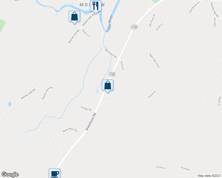 map of restaurants, bars, coffee shops, grocery stores, and more near 2625 Waterbury Road in Stowe
