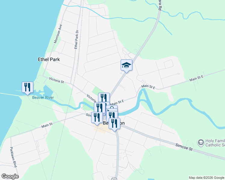 map of restaurants, bars, coffee shops, grocery stores, and more near 362 Durham Regional Road 23 in Beaverton