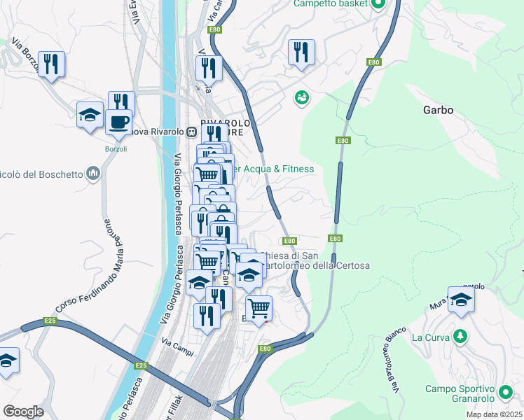map of restaurants, bars, coffee shops, grocery stores, and more near Via Liberti in Genoa