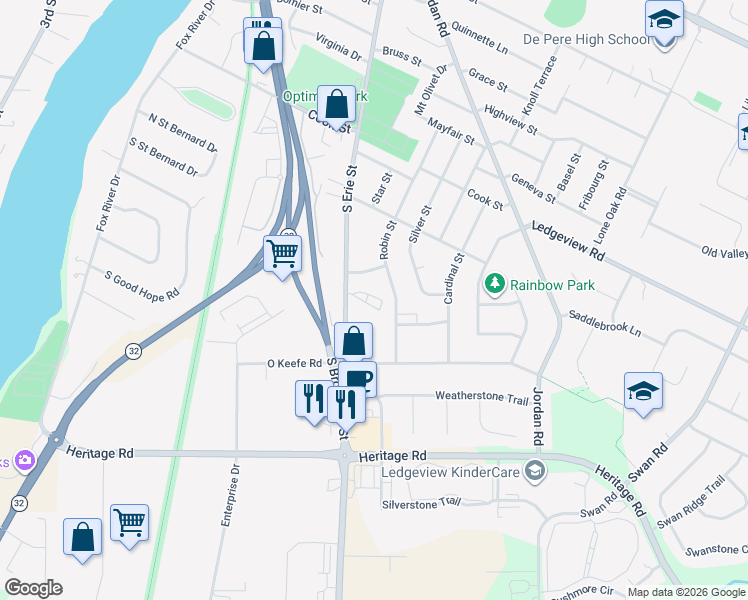 map of restaurants, bars, coffee shops, grocery stores, and more near 1211 South Erie Street in De Pere