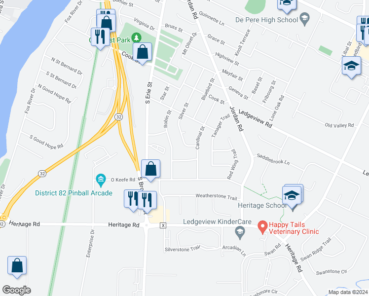 map of restaurants, bars, coffee shops, grocery stores, and more near 1144 Silver Street in De Pere