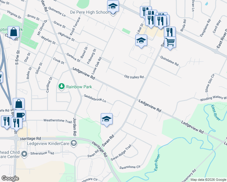 map of restaurants, bars, coffee shops, grocery stores, and more near 1878 Ledgeview Road in De Pere