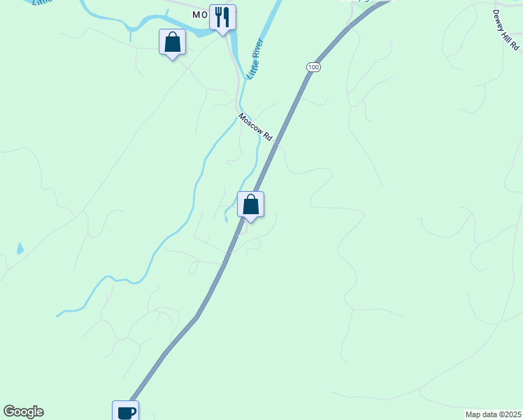 map of restaurants, bars, coffee shops, grocery stores, and more near 2625 Waterbury Road in Stowe
