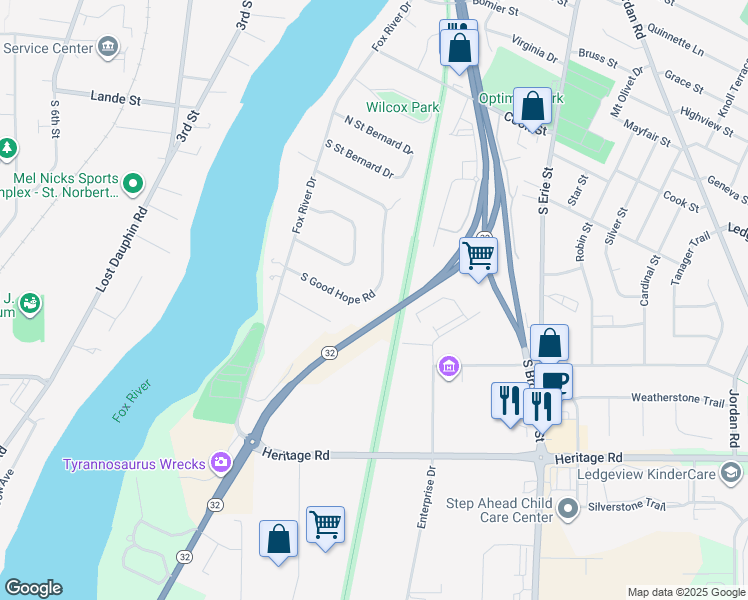 map of restaurants, bars, coffee shops, grocery stores, and more near 470 South Good Hope Road in De Pere