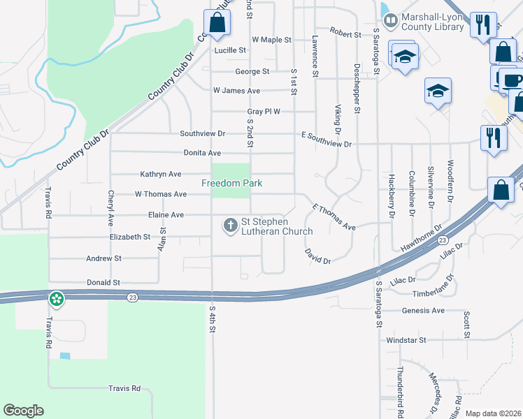 map of restaurants, bars, coffee shops, grocery stores, and more near 108 Elaine Avenue in Marshall