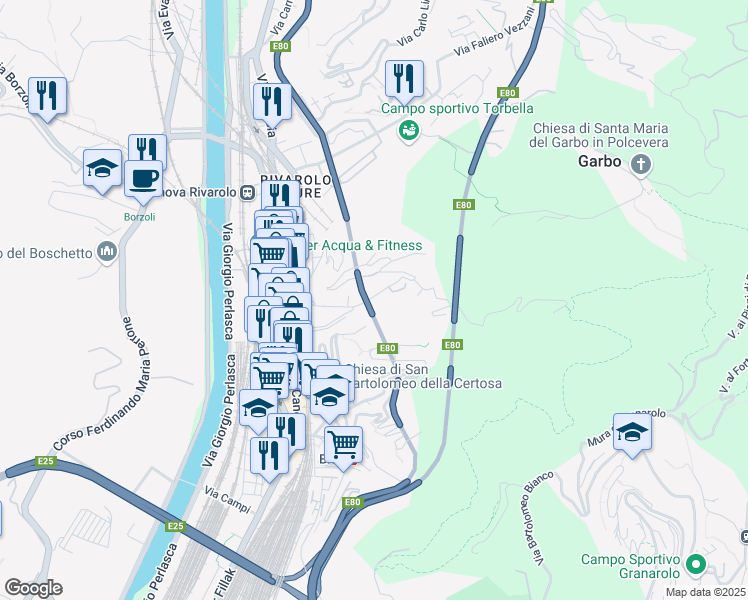 map of restaurants, bars, coffee shops, grocery stores, and more near 21/12 Via Sergio Piombelli in Genova