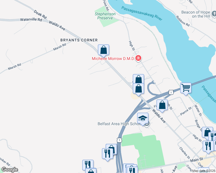 map of restaurants, bars, coffee shops, grocery stores, and more near 28 Merriam Road in Belfast