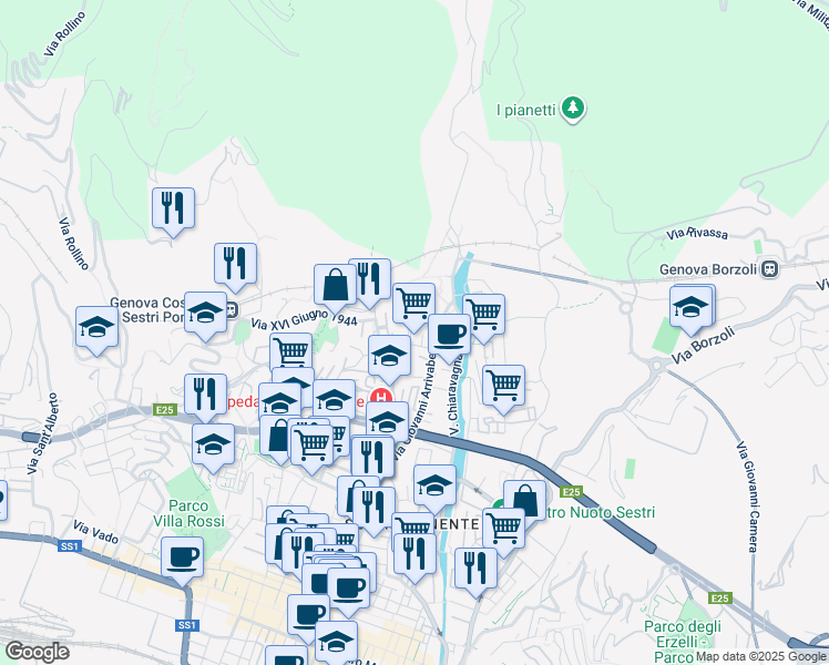 map of restaurants, bars, coffee shops, grocery stores, and more near 56 Via Giovanni Arrivabene in Genova