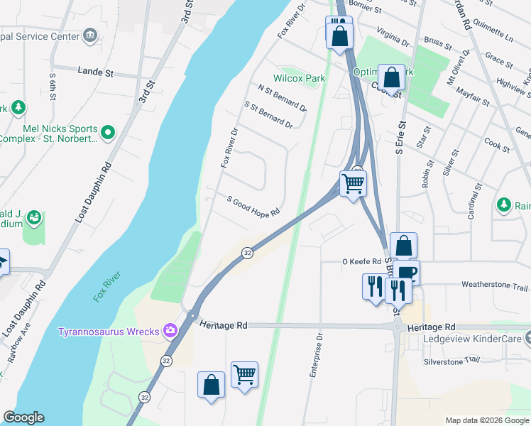 map of restaurants, bars, coffee shops, grocery stores, and more near 443 South Good Hope Road in De Pere
