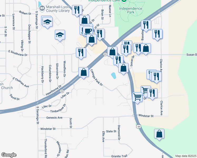 map of restaurants, bars, coffee shops, grocery stores, and more near 1107 Canoga Park Drive in Marshall