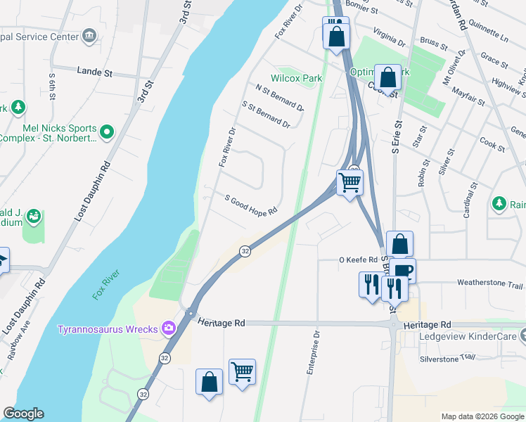 map of restaurants, bars, coffee shops, grocery stores, and more near 443 South Good Hope Road in De Pere