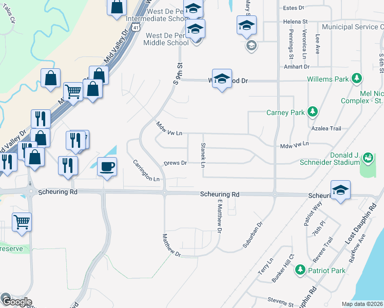 map of restaurants, bars, coffee shops, grocery stores, and more near 1333 Arleen Lane in De Pere