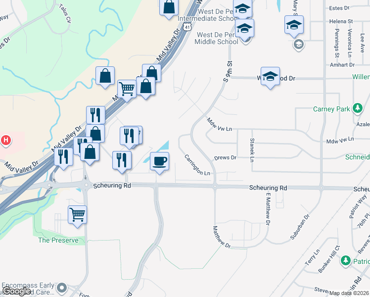 map of restaurants, bars, coffee shops, grocery stores, and more near 1351 Carrington Lane in De Pere