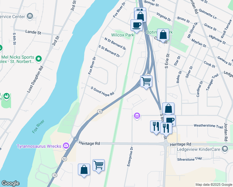 map of restaurants, bars, coffee shops, grocery stores, and more near 472 South Good Hope Road in De Pere