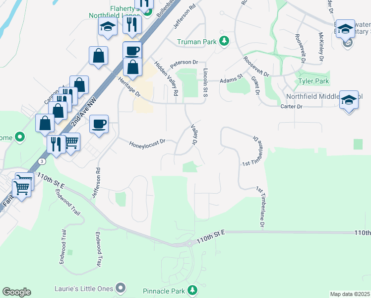 map of restaurants, bars, coffee shops, grocery stores, and more near 2402 Valley Drive in Northfield