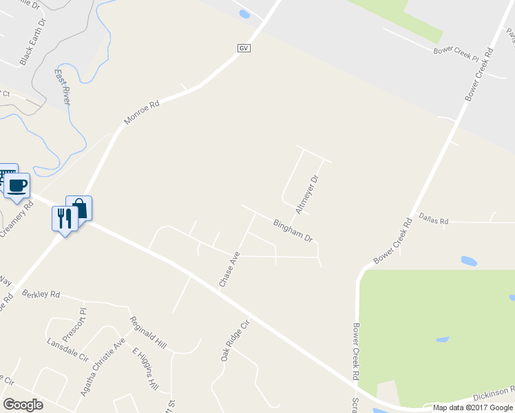 map of restaurants, bars, coffee shops, grocery stores, and more near 1395 Bingham Drive in De Pere