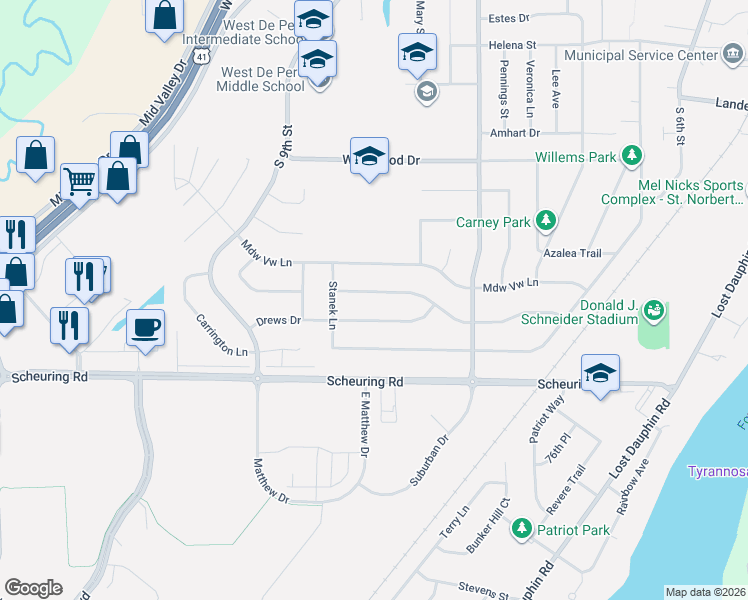 map of restaurants, bars, coffee shops, grocery stores, and more near 1173 Trailwood Drive in De Pere