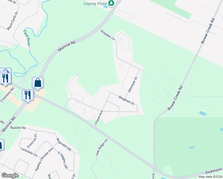 map of restaurants, bars, coffee shops, grocery stores, and more near 1395 Bingham Drive in De Pere