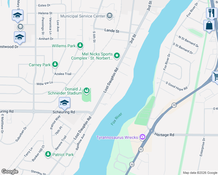 map of restaurants, bars, coffee shops, grocery stores, and more near 1531 Lost Dauphin Road in De Pere