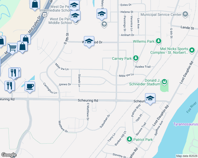 map of restaurants, bars, coffee shops, grocery stores, and more near 1149 Trailwood Drive in De Pere