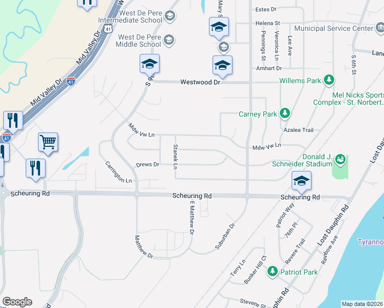 map of restaurants, bars, coffee shops, grocery stores, and more near 1173 Trailwood Drive in De Pere