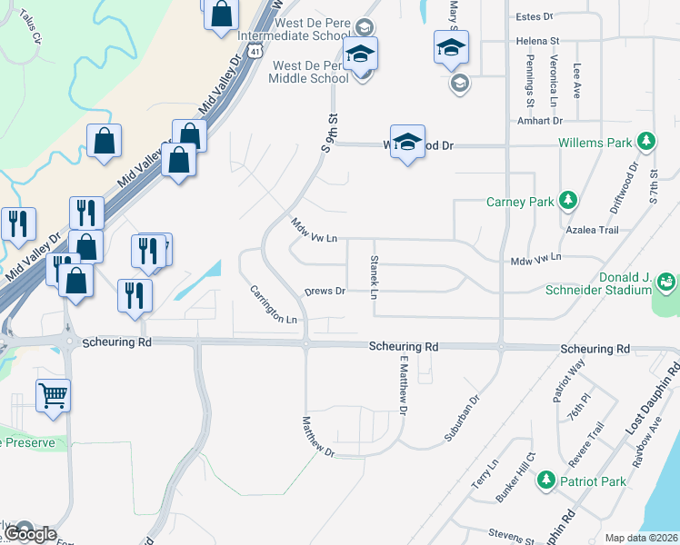 map of restaurants, bars, coffee shops, grocery stores, and more near 1333 Arleen Lane in De Pere