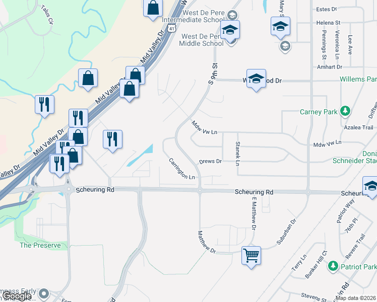 map of restaurants, bars, coffee shops, grocery stores, and more near 1403 South 9th Street in De Pere