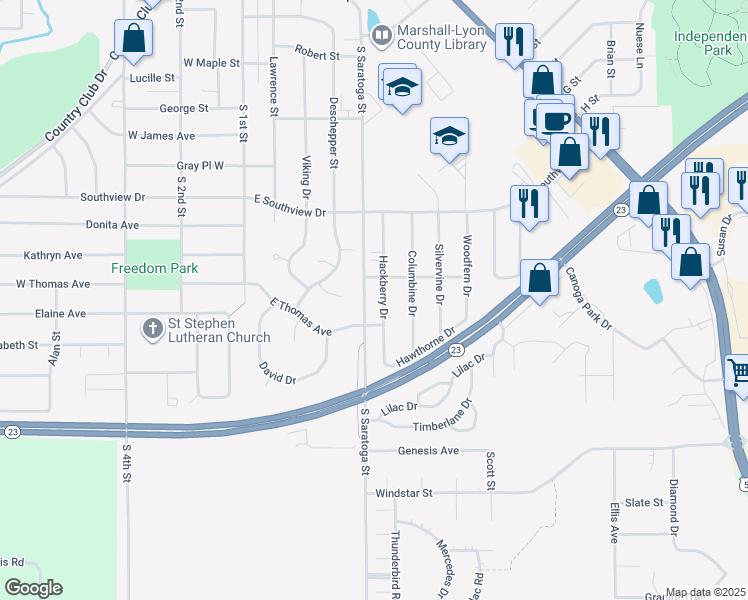 map of restaurants, bars, coffee shops, grocery stores, and more near 1006 Hackberry Drive in Marshall